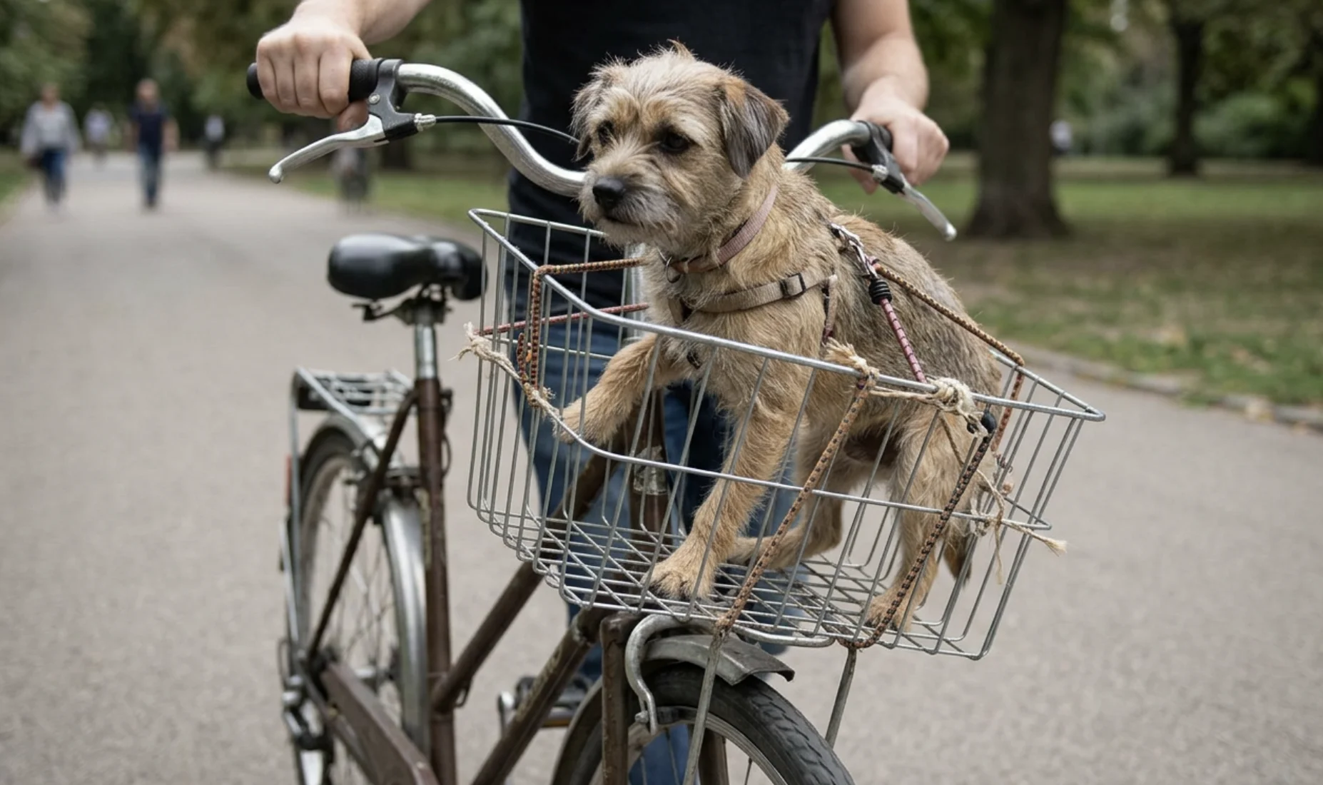 Dog in wobbly front bike basket with unsafe wires to secure it